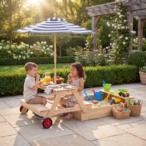 2-in-1 Wooden Sandbox with Foldable Umbrella and Convertible Picnic Table, Benches, Removable Top