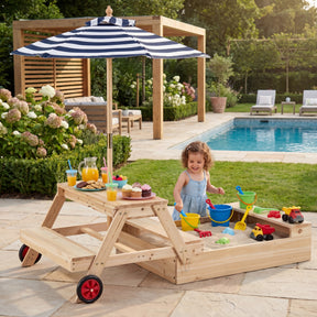 2-in-1 Wooden Sandbox with Foldable Umbrella and Convertible Picnic Table, Benches, Removable Top