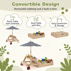 2-in-1 Wooden Sandbox with Foldable Umbrella and Convertible Picnic Table, Benches, Removable Top
