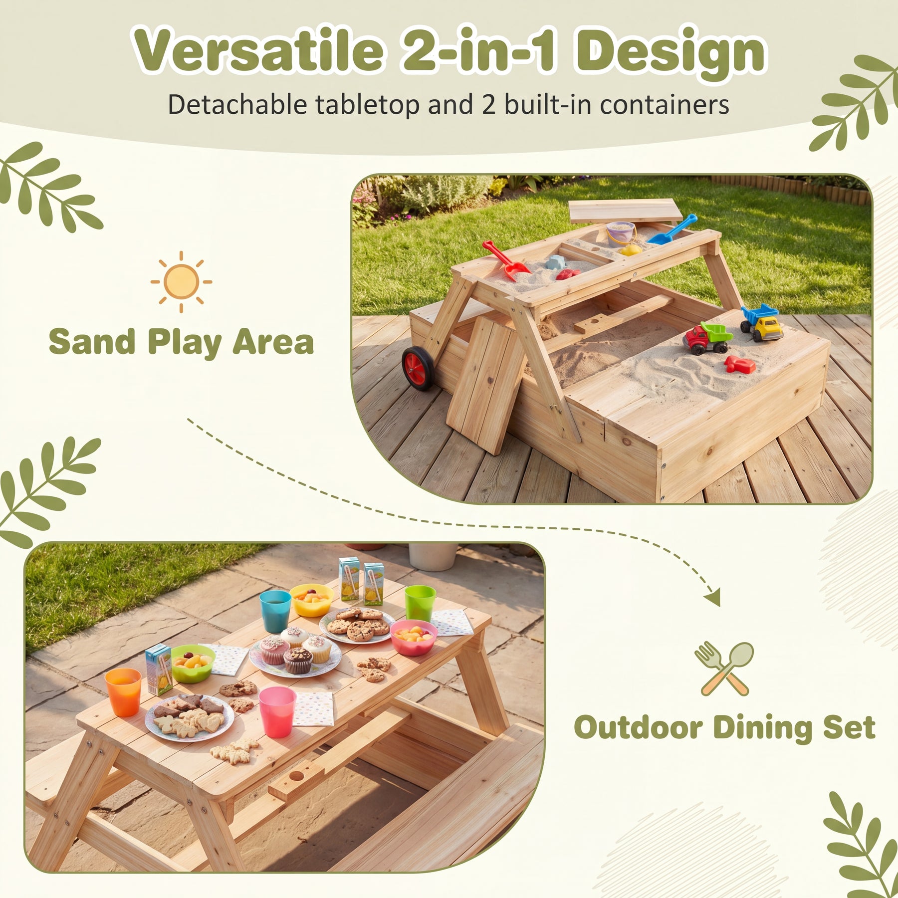2-in-1 Wooden Sandbox with Foldable Umbrella and Convertible Picnic Table, Benches, Removable Top