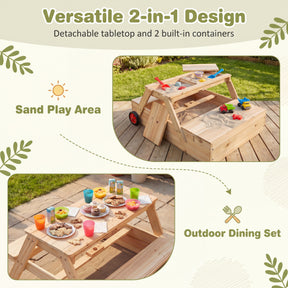 2-in-1 Wooden Sandbox with Foldable Umbrella and Convertible Picnic Table, Benches, Removable Top