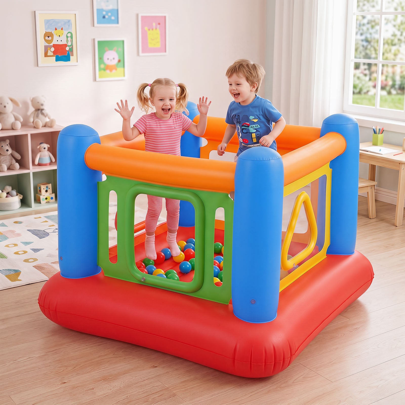 Inflatable Bounce House for Kids, Blow Up Jumping House with Transparent Side Walls & Square/Triangle Openings