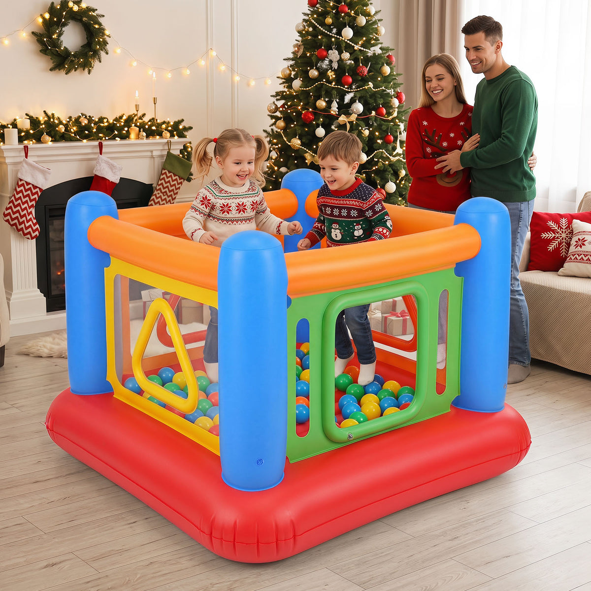 Inflatable Bounce House for Kids, Blow Up Jumping House with Transparent Side Walls & Square/Triangle Openings
