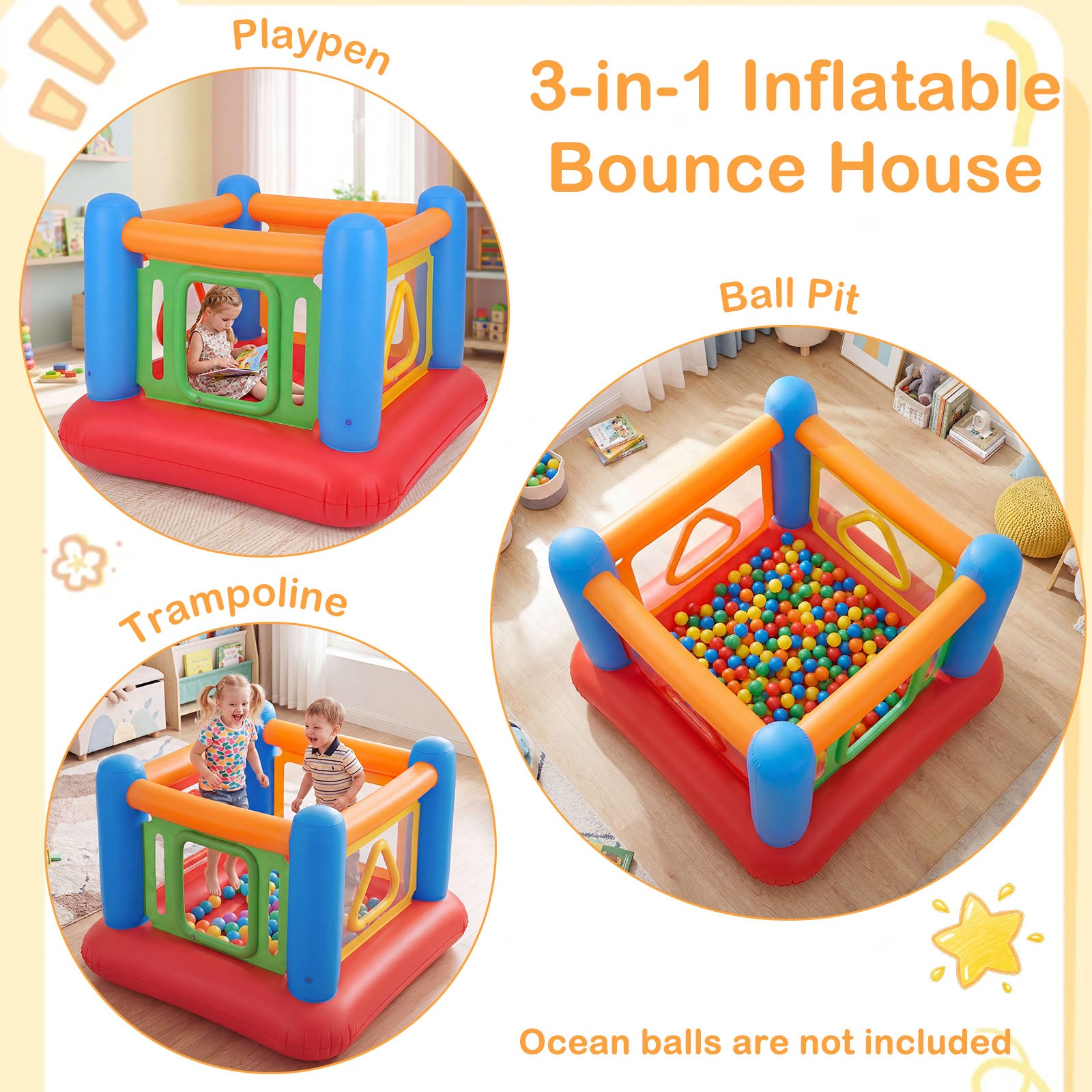 Inflatable Bounce House for Kids, Blow Up Jumping House with Transparent Side Walls & Square/Triangle Openings