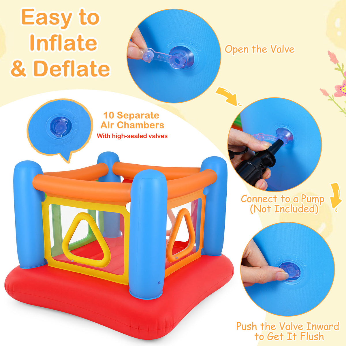 Inflatable Bounce House for Kids, Blow Up Jumping House with Transparent Side Walls & Square/Triangle Openings