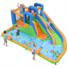 Inflatable Water Slide Park, Kids Inflatable Bounce House with Slide, Jumping Area, Splash Pool, 2 Climbing Walls & Water Cannons, Basketball Hoop, Outdoor Blow-up Bouncy Castle for Yard, Lawn, Party, without Blower