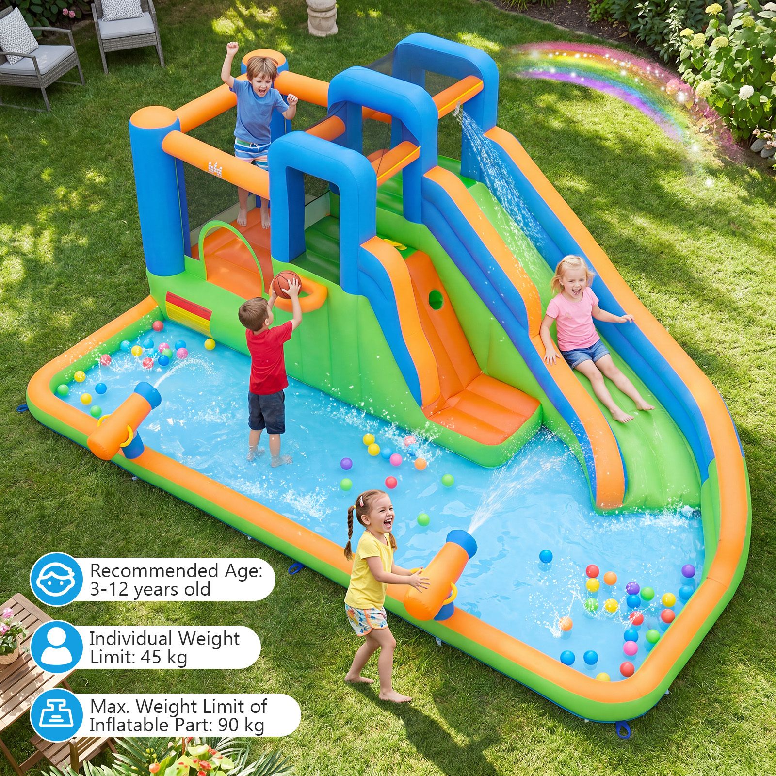 Inflatable Water Slide Park, Kids Inflatable Bounce House with Slide, Jumping Area, Splash Pool, 2 Climbing Walls & Water Cannons, Basketball Hoop, Outdoor Blow-up Bouncy Castle for Yard, Lawn, Party, without Blower