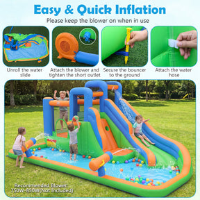 Inflatable Water Slide Park, Kids Inflatable Bounce House with Slide, Jumping Area, Splash Pool, 2 Climbing Walls & Water Cannons, Basketball Hoop, Outdoor Blow-up Bouncy Castle for Yard, Lawn, Party, without Blower