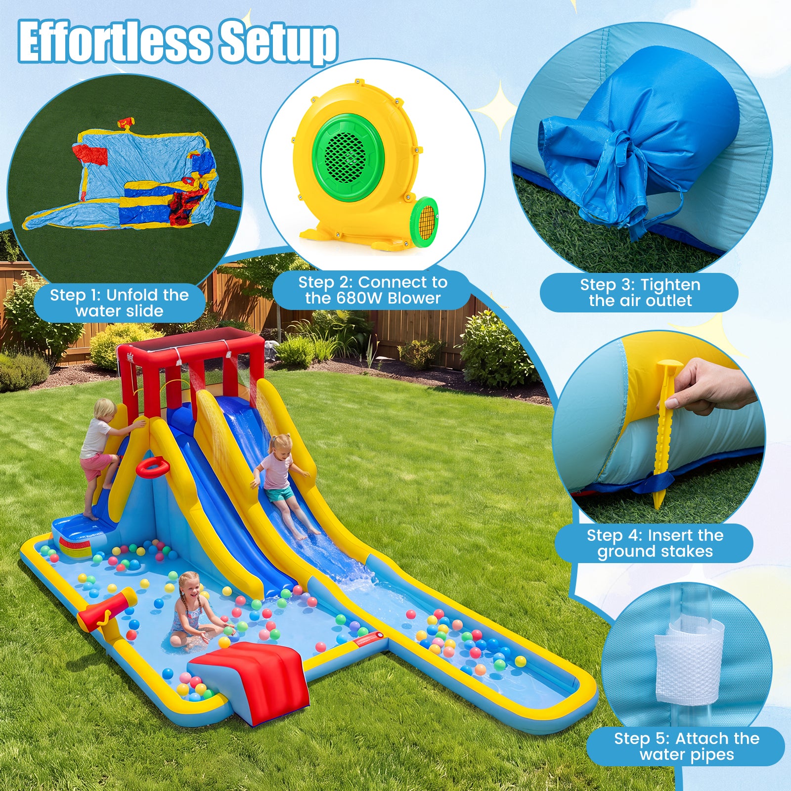 2-Lane Inflatable Water Slide, Outdoor Mega Splash Park with Sprinklers, Water Gun, Climbing Wall, Extra Long Slide & 2 Swimming Rings, Blow-up Water Park for Yard, 680W Blower Included