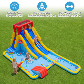 2-Lane Inflatable Water Slide, Outdoor Mega Splash Park with Sprinklers, Water Gun, Climbing Wall, Extra Long Slide & 2 Swimming Rings, Blow-up Water Park for Yard, 680W Blower Included