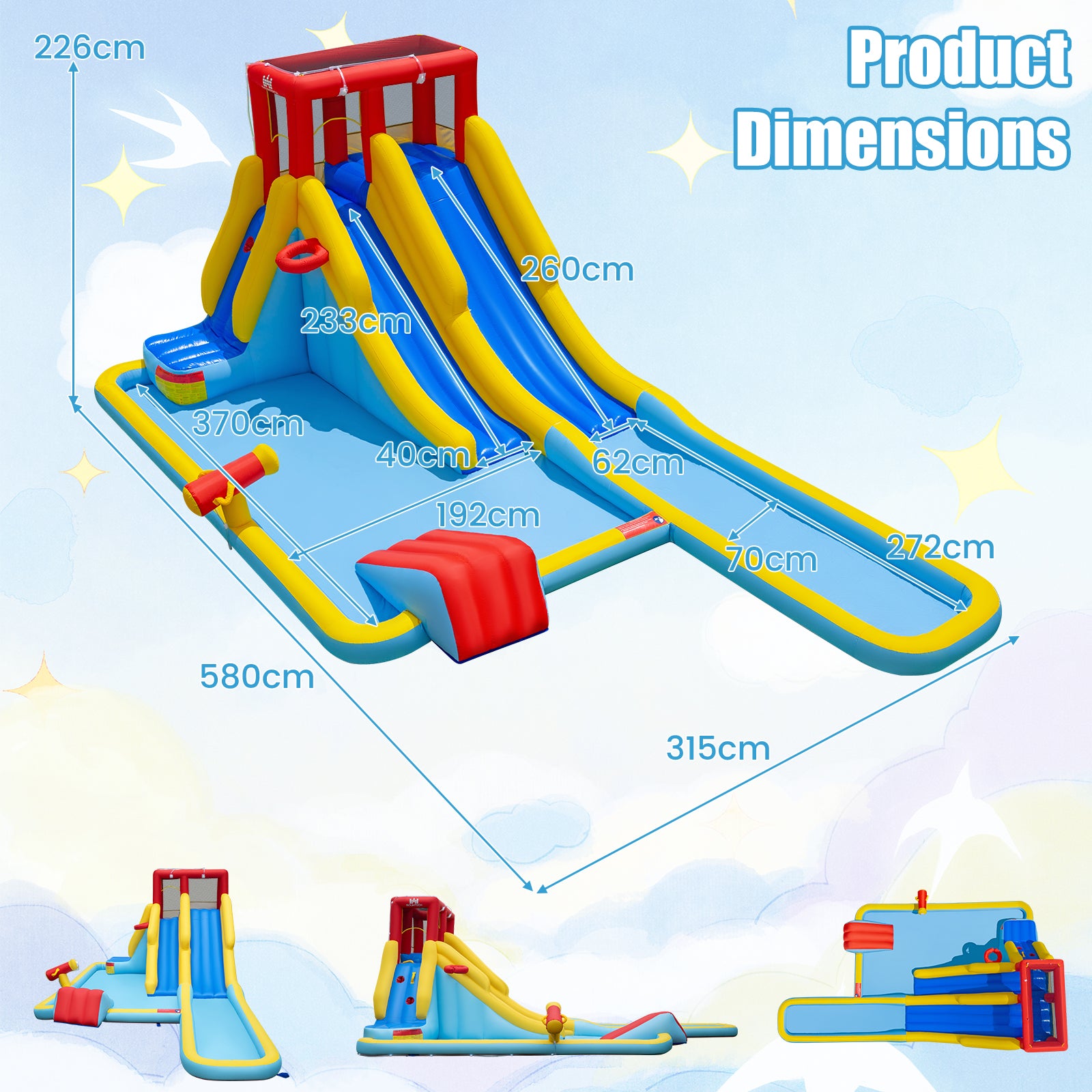 2-Lane Inflatable Water Slide, Outdoor Mega Splash Park with Sprinklers, Water Gun, Climbing Wall, Extra Long Slide & 2 Swimming Rings, Blow-up Water Park for Yard, 680W Blower Included