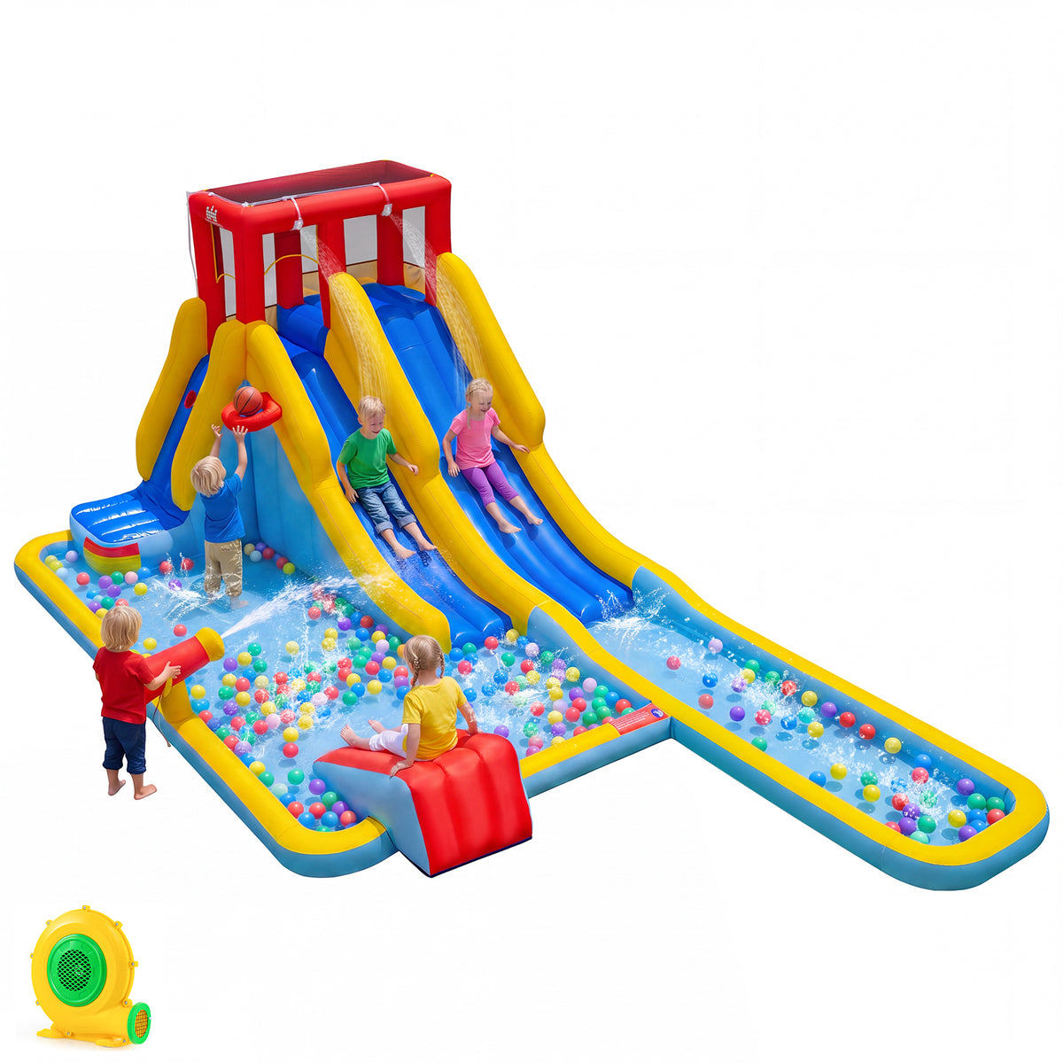 2-Lane Inflatable Water Slide, Outdoor Mega Splash Park with Sprinklers, Water Gun, Climbing Wall, Extra Long Slide & 2 Swimming Rings, Blow-up Water Park for Yard, 680W Blower Included