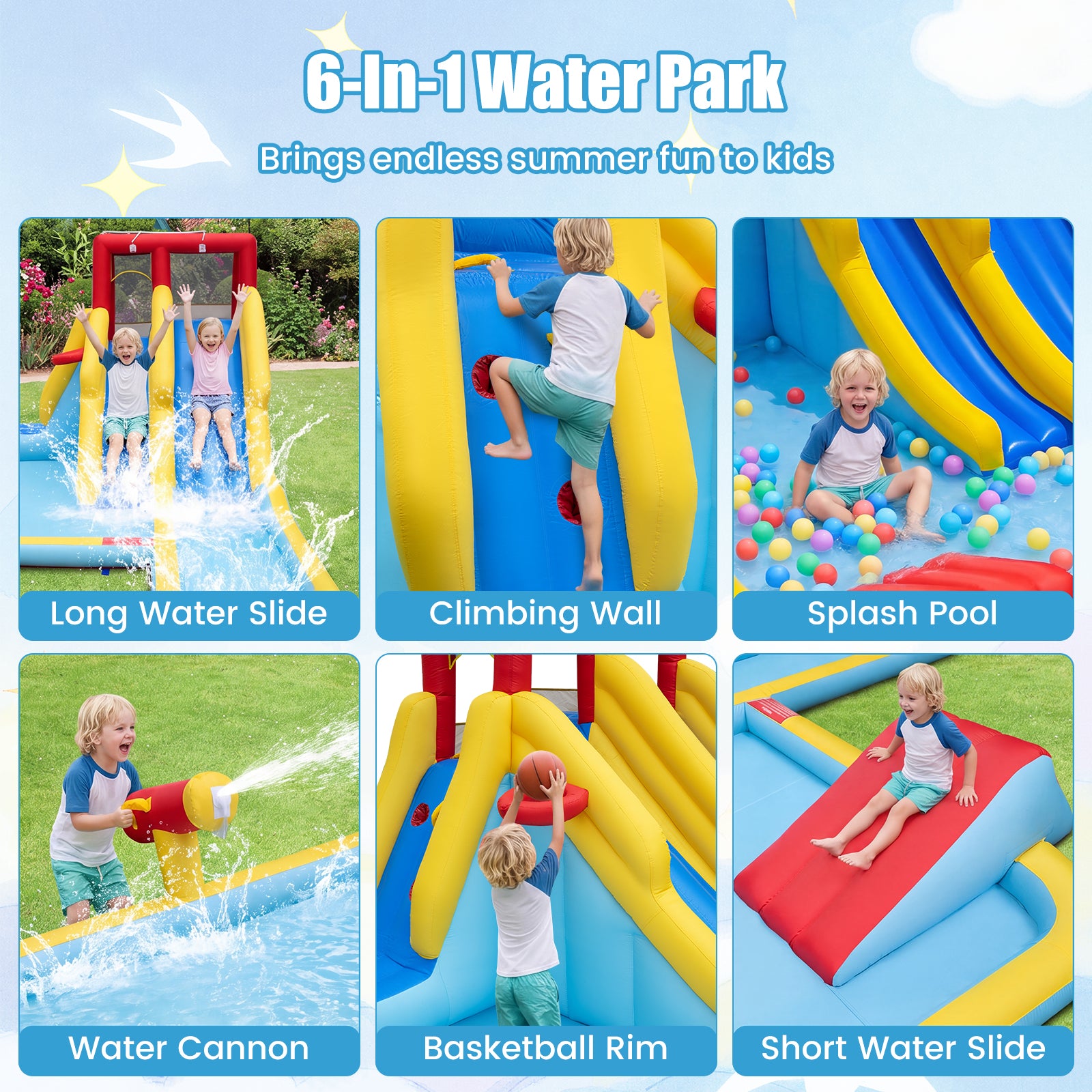 2-Lane Inflatable Water Slide, Outdoor Mega Splash Park with Sprinklers, Water Gun, Climbing Wall, Extra Long Slide & 2 Swimming Rings, Blow-up Water Park for Yard, 680W Blower Included