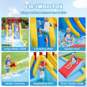2-Lane Inflatable Water Slide, Outdoor Mega Splash Park with Sprinklers, Water Gun, Climbing Wall, Extra Long Slide & 2 Swimming Rings, Blow-up Water Park for Yard, 680W Blower Included