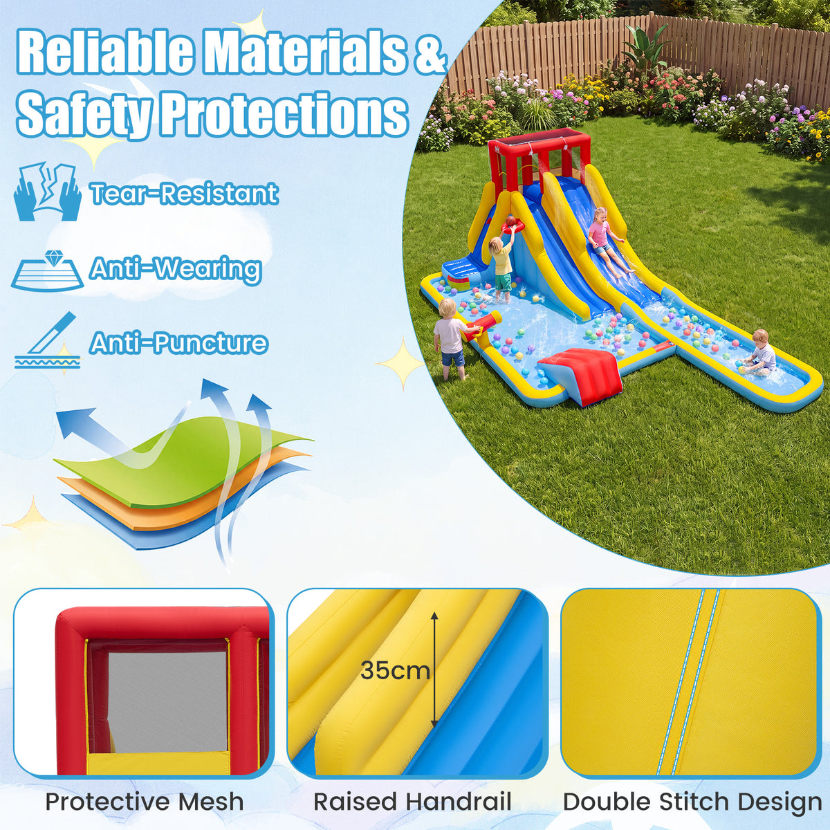 2-Lane Inflatable Water Slide, Outdoor Mega Splash Park with Sprinklers, Water Gun, Climbing Wall, Extra Long Slide & 2 Swimming Rings, Blow-up Water Park for Yard, 680W Blower Included