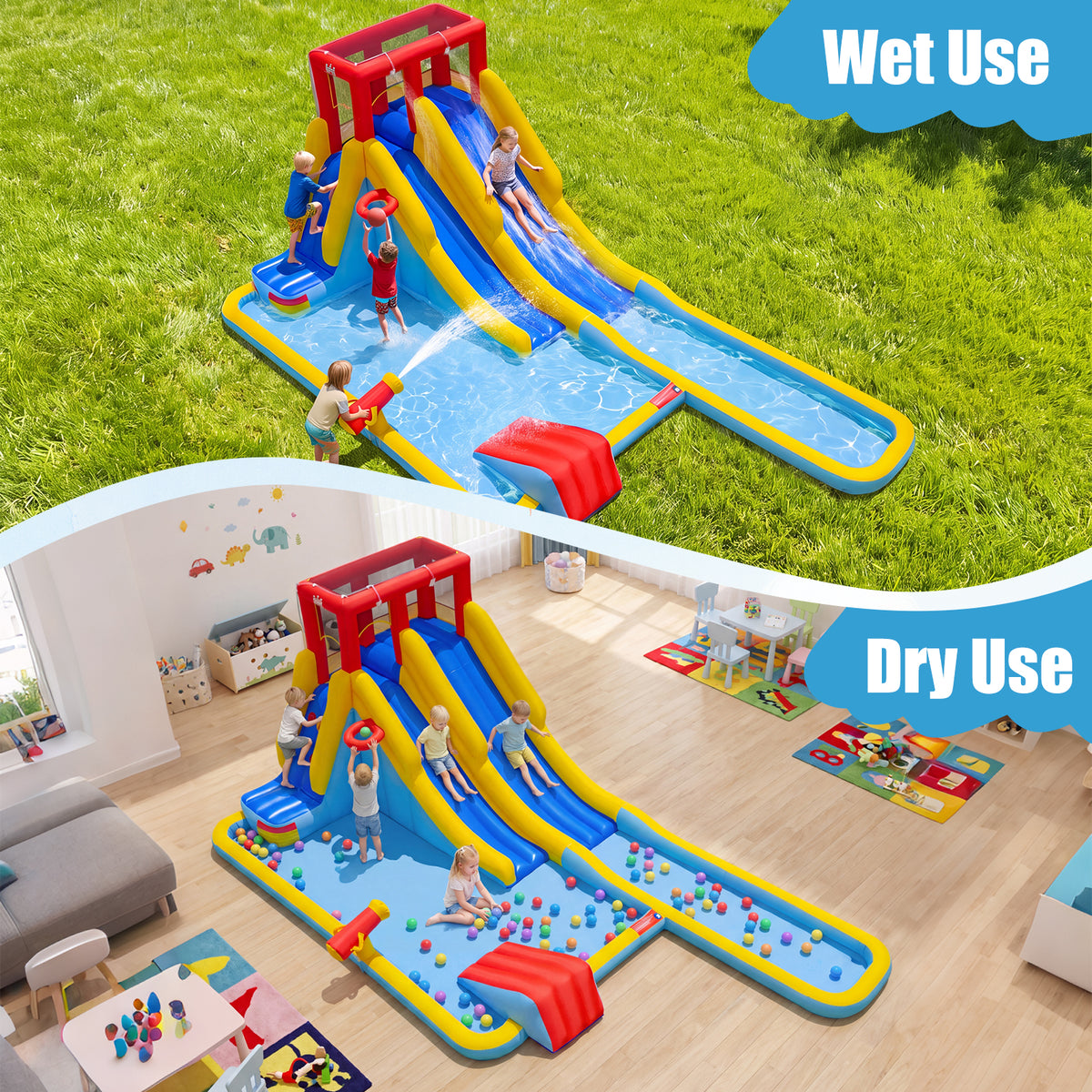 2-Lane Inflatable Water Slide, Outdoor Mega Splash Park with Sprinklers, Water Gun, Climbing Wall, Extra Long Slide & 2 Swimming Rings, Blow-up Water Park for Yard, 680W Blower Included