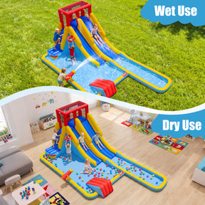 2-Lane Inflatable Water Slide, Outdoor Mega Splash Park with Sprinklers, Water Gun, Climbing Wall, Extra Long Slide & 2 Swimming Rings, Blow-up Water Park for Yard, 680W Blower Included