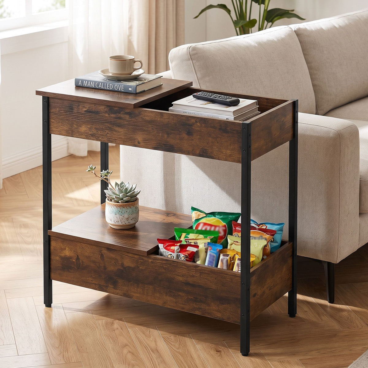 Side Table with 2 Storage Shelves & 2 Removable Tabletops