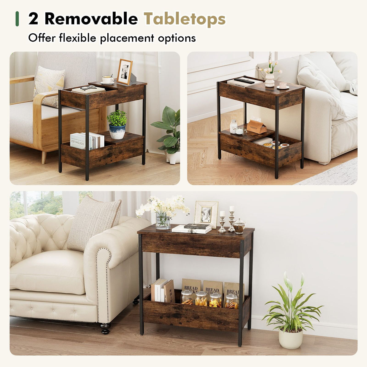 Side Table with 2 Storage Shelves & 2 Removable Tabletops