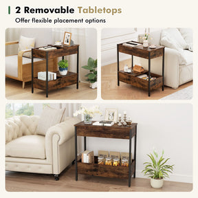 Side Table with 2 Storage Shelves & 2 Removable Tabletops