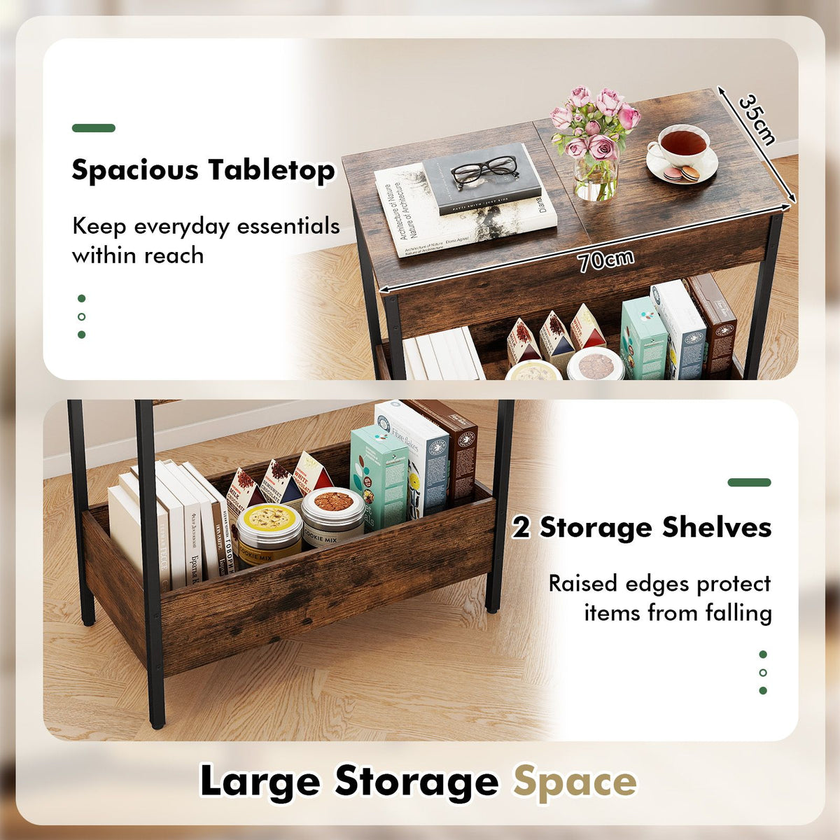 Side Table with 2 Storage Shelves & 2 Removable Tabletops