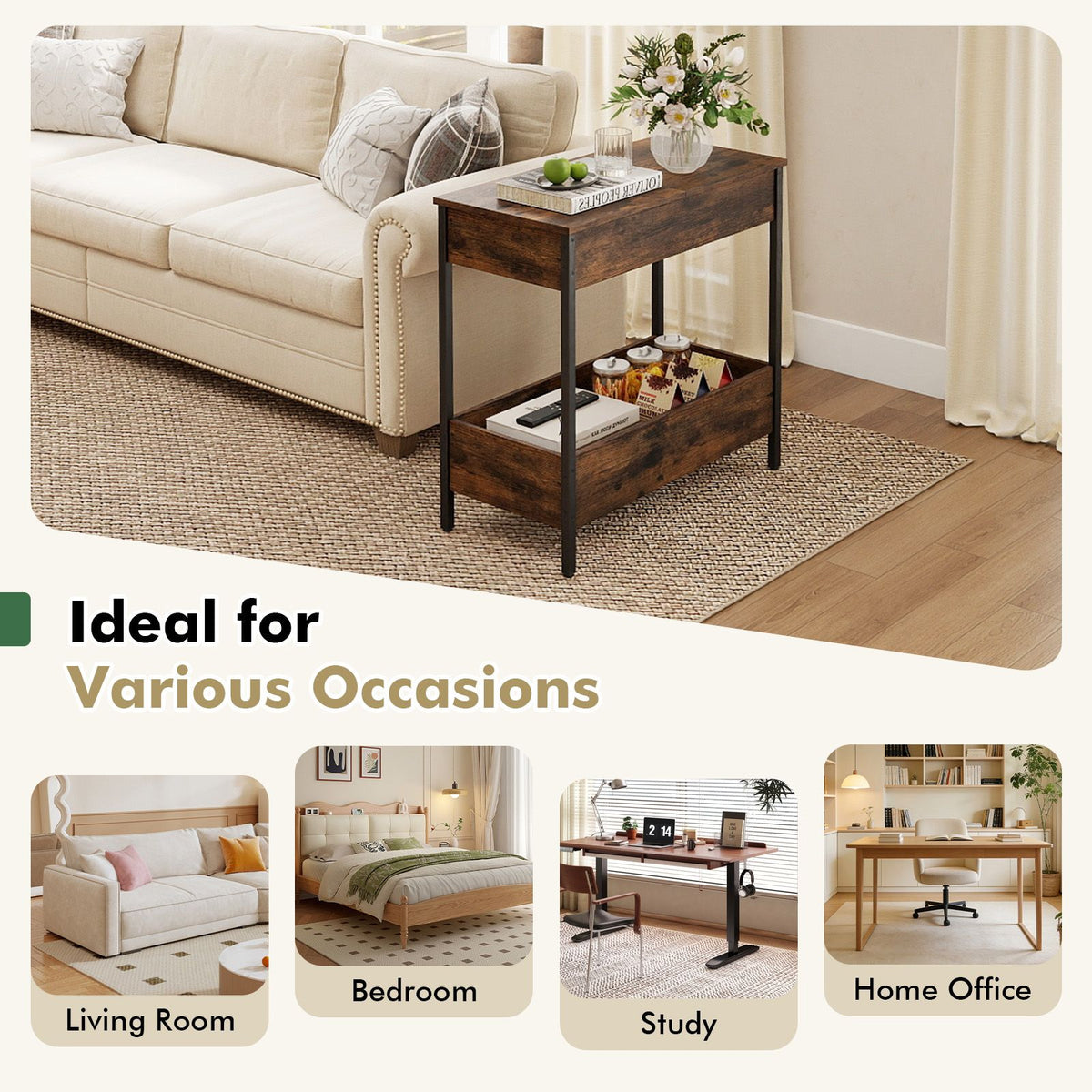 Side Table with 2 Storage Shelves & 2 Removable Tabletops