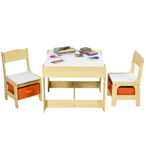 Kids Table & Chairs Set, 3-in-1 Wooden Toddler Activity Table with Storage, Reversible Tabletop & Blackboard for Art Craft, Drawing, Playroom
