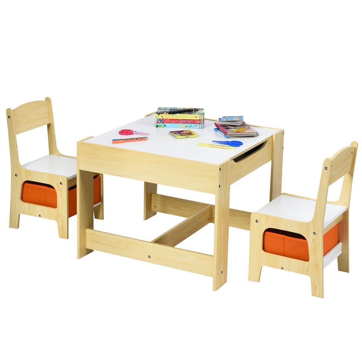 Kids Table & Chairs Set, 3-in-1 Wooden Toddler Activity Table with Storage, Reversible Tabletop & Blackboard for Art Craft, Drawing, Playroom