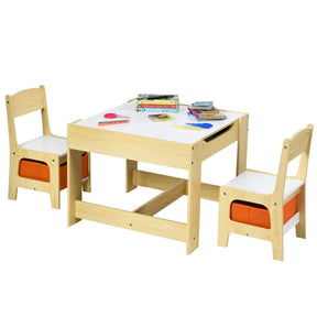Kids Table & Chairs Set, 3-in-1 Wooden Toddler Activity Table with Storage, Reversible Tabletop & Blackboard for Art Craft, Drawing, Playroom
