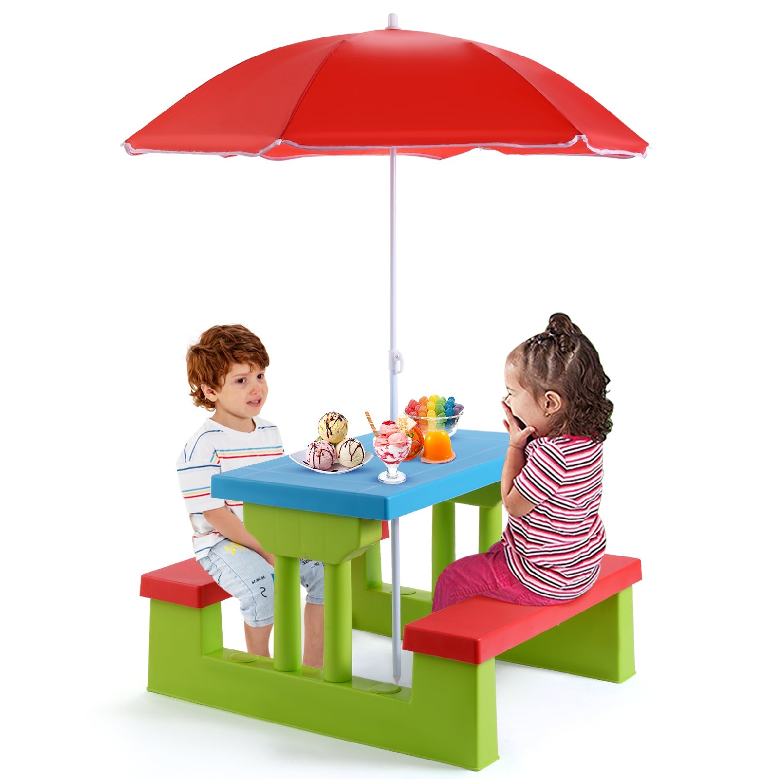 HONEY JOY Kids Picnic Table Set, Table Bench Set for Toddlers w/Removable Umbrella