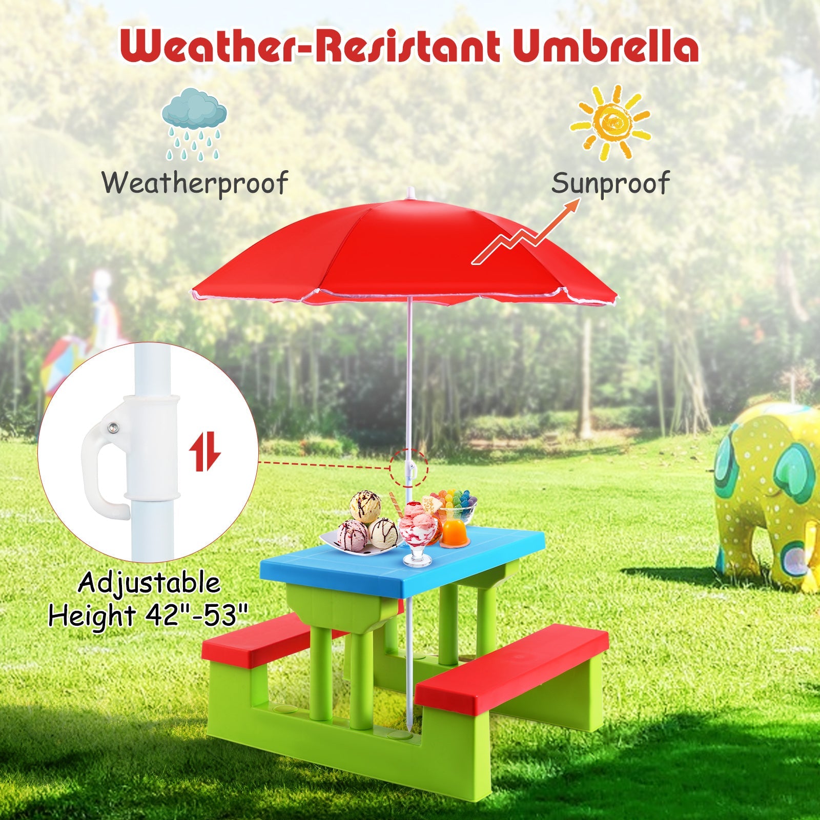 HONEY JOY Kids Picnic Table Set, Table Bench Set for Toddlers w/Removable Umbrella