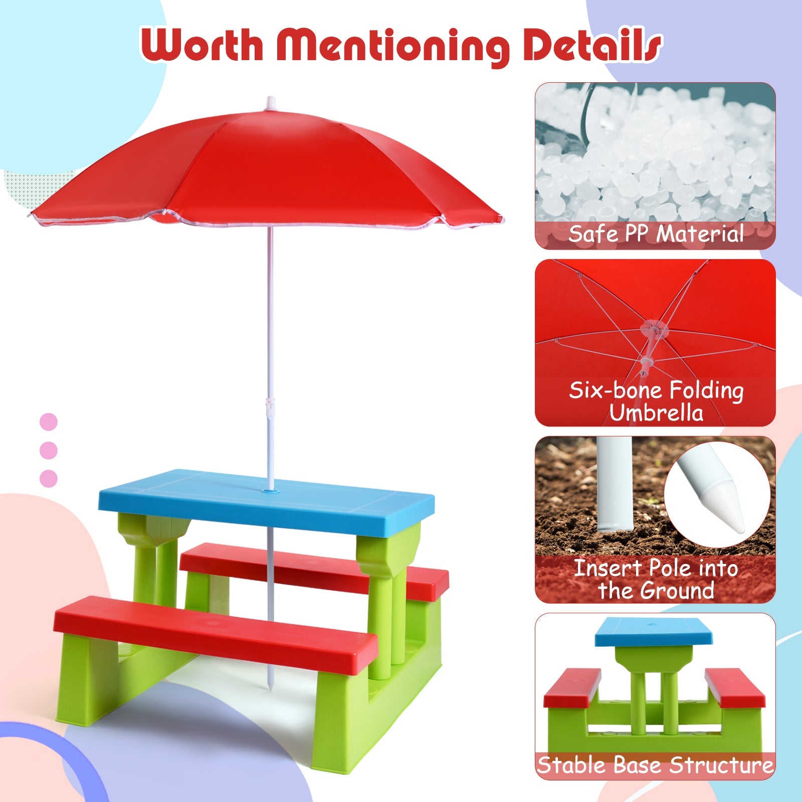 HONEY JOY Kids Picnic Table Set, Table Bench Set for Toddlers w/Removable Umbrella