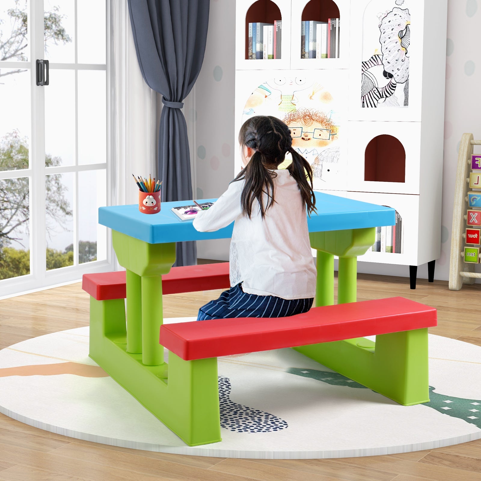 HONEY JOY Kids Picnic Table Set, Table Bench Set for Toddlers w/Removable Umbrella