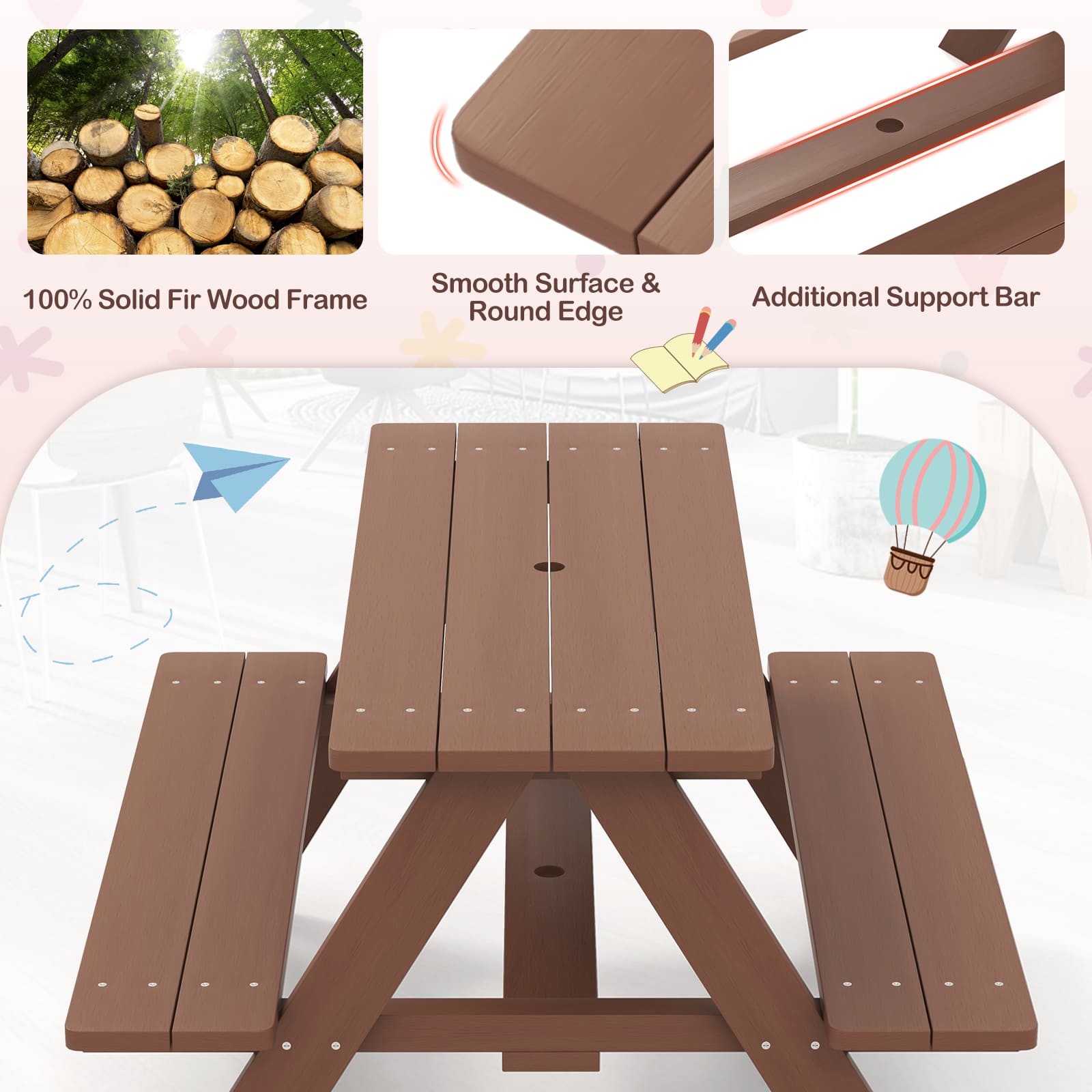 HONEY JOY Kids Picnic Table, Wooden Table & Bench Set