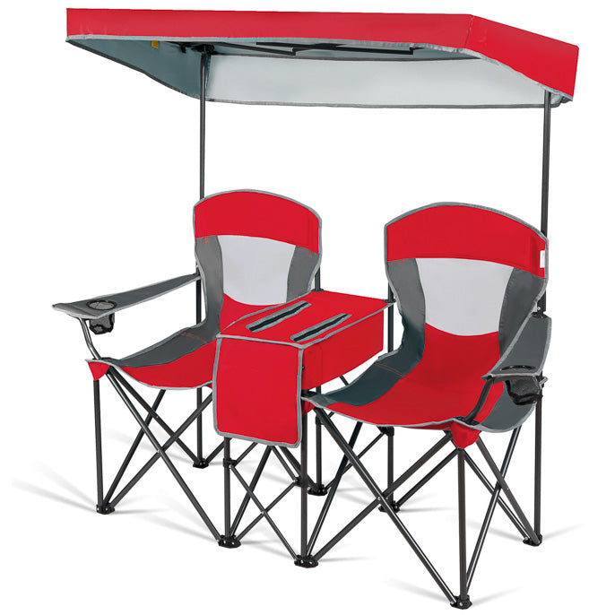 Double Folding Canopy Chair, Outdoor 2-Person Camping Seat with Adjustable Sun Shade