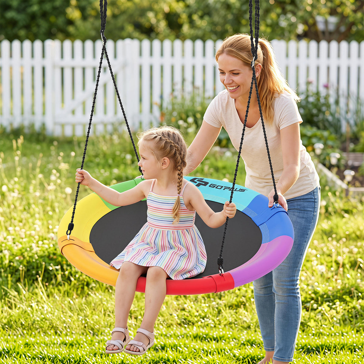 100 CM Saucer Tree Swing, 900D Oxford Fabric Swing w/Steel Frame, Colorful Swing Seat, 300 KG Weight Capacity, Round Flying Swing for Kids w/Hanging Ropes, Straps, Swivel Hook