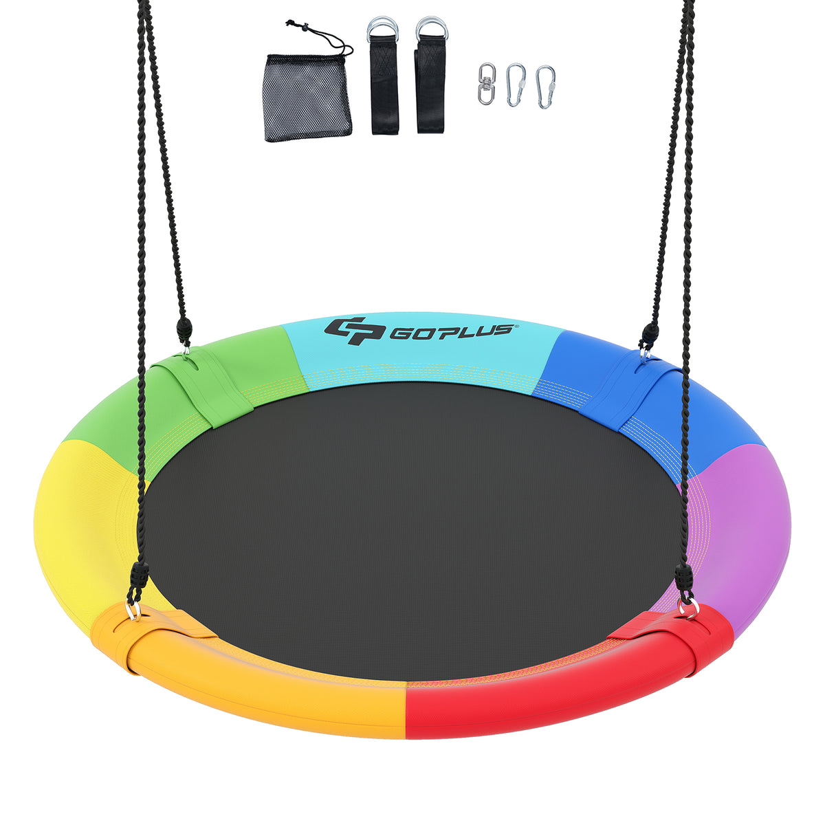 100 CM Saucer Tree Swing, 900D Oxford Fabric Swing w/Steel Frame, Colorful Swing Seat, 300 KG Weight Capacity, Round Flying Swing for Kids w/Hanging Ropes, Straps, Swivel Hook