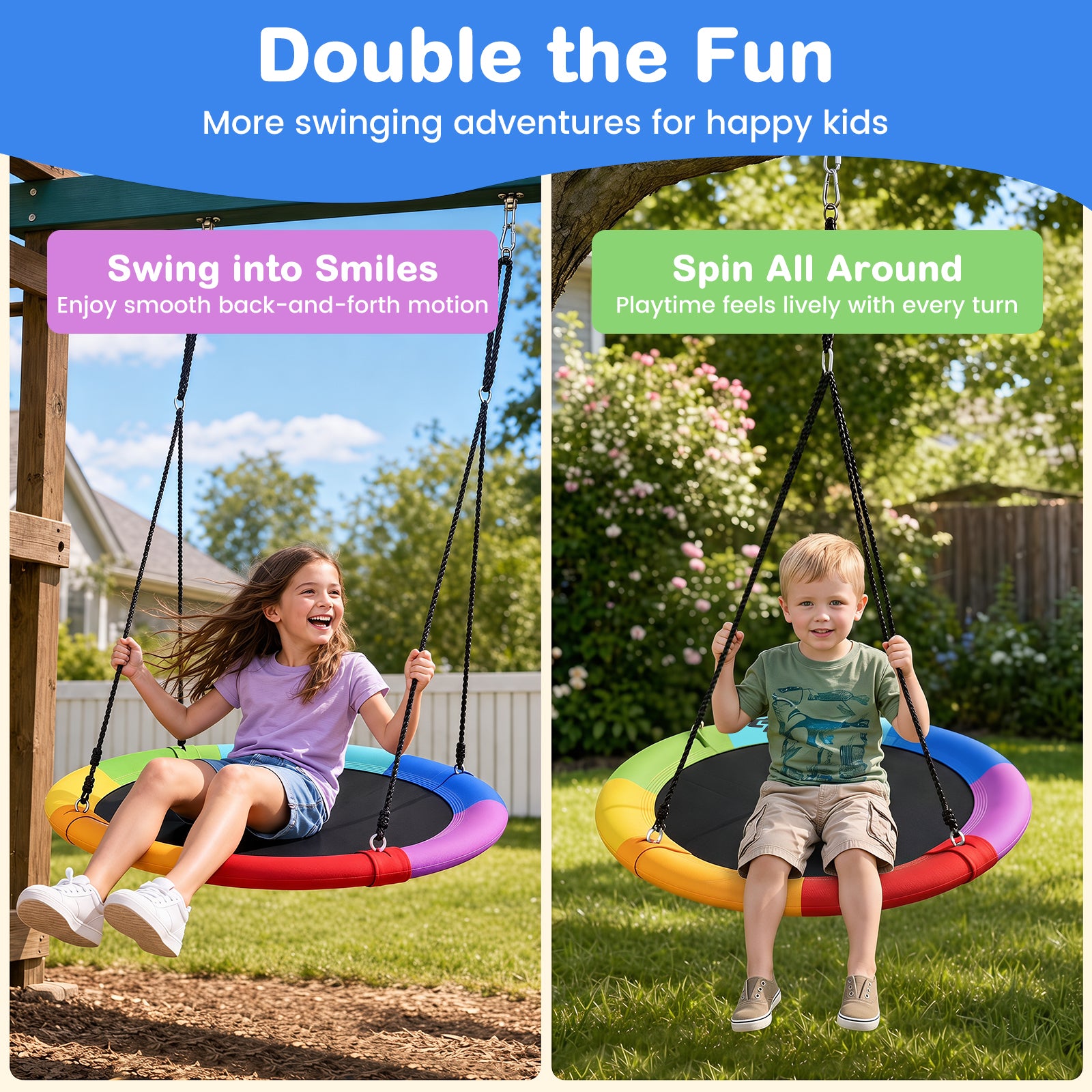 100 CM Saucer Tree Swing, 900D Oxford Fabric Swing w/Steel Frame, Colorful Swing Seat, 300 KG Weight Capacity, Round Flying Swing for Kids w/Hanging Ropes, Straps, Swivel Hook