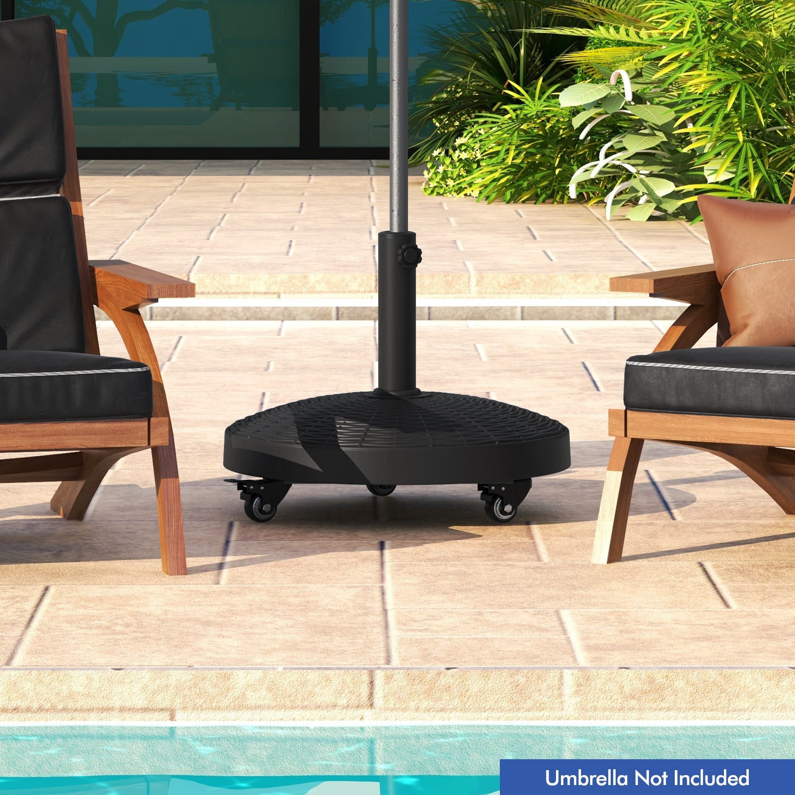 24kg Round Resin Umbrella Base, Rattan Designed Outdoor Umbrella Stand W/Lockable Wheels