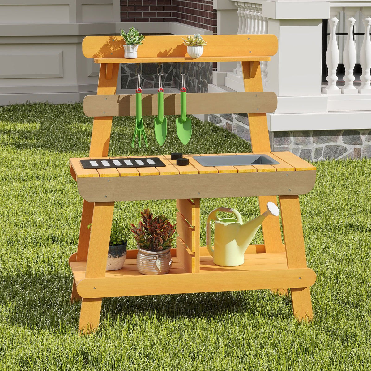 Outdoor Mud Kitchen for Kids, Toddler Wood Pretend Play Kitchen with Gardening Accessories, Sink