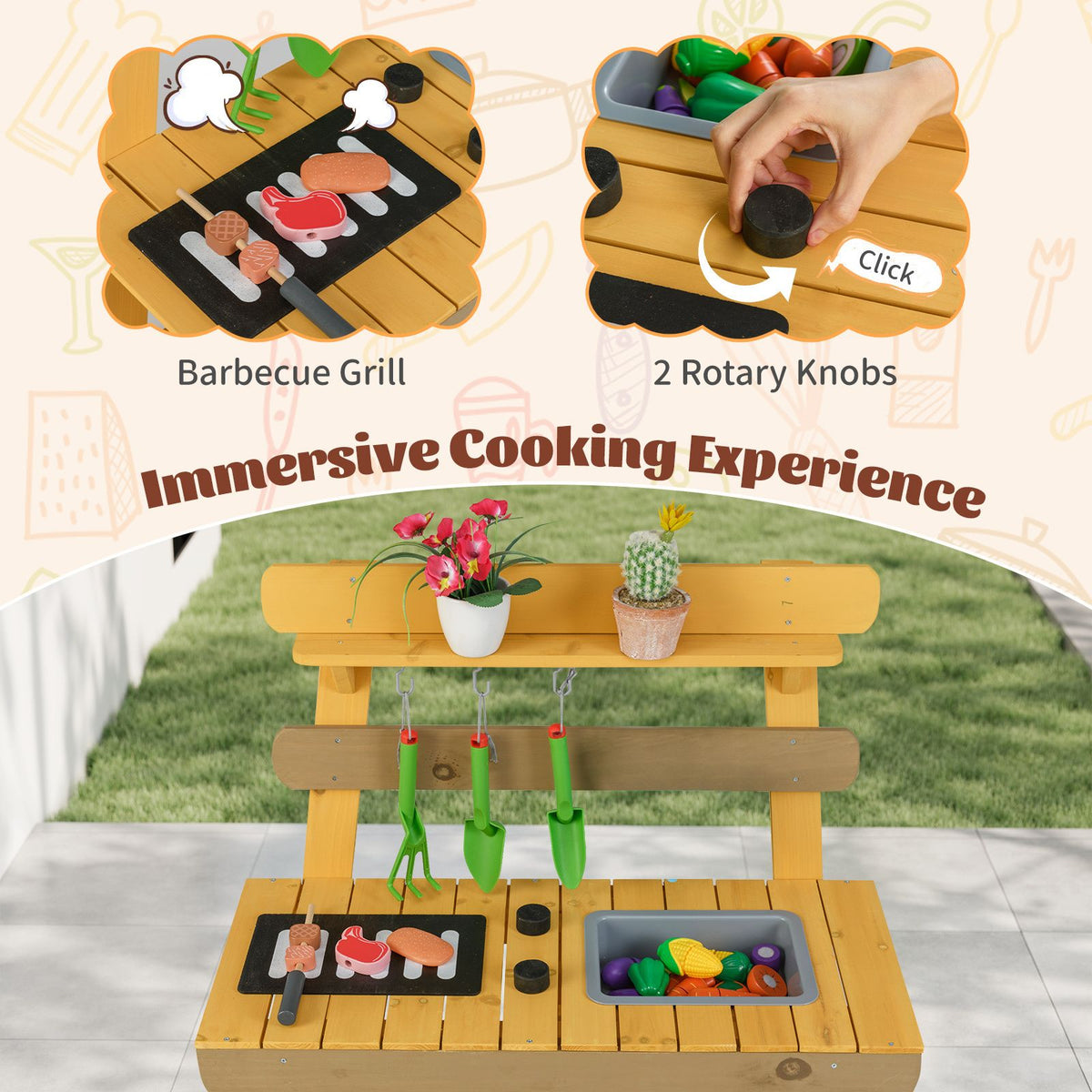 Outdoor Mud Kitchen for Kids, Toddler Wood Pretend Play Kitchen with Gardening Accessories, Sink