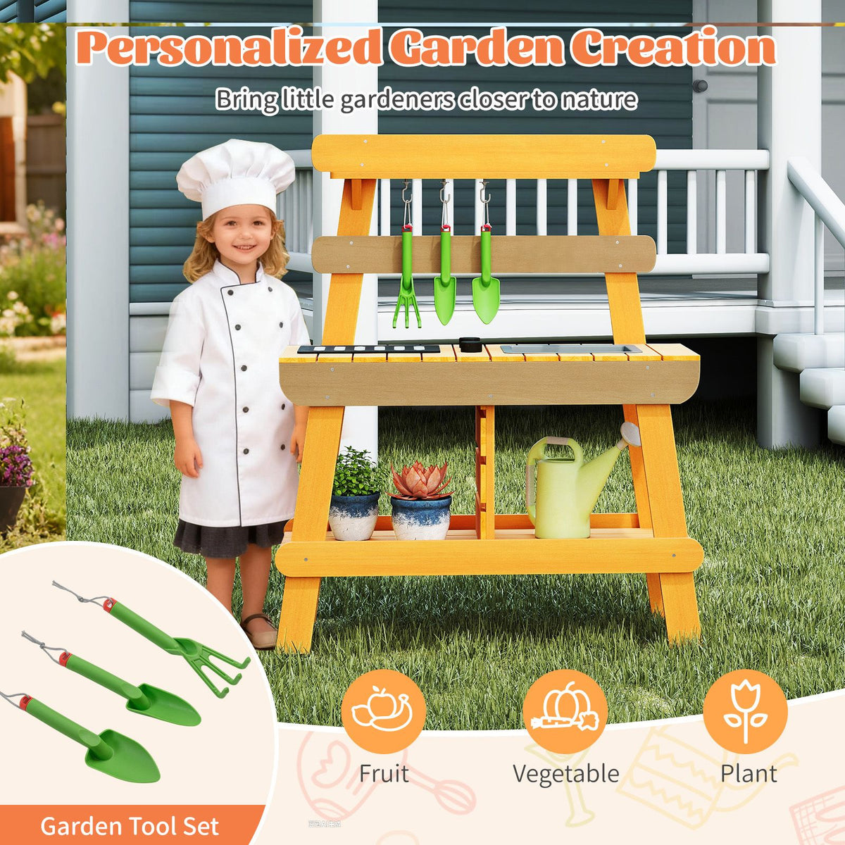 Outdoor Mud Kitchen for Kids, Toddler Wood Pretend Play Kitchen with Gardening Accessories, Sink