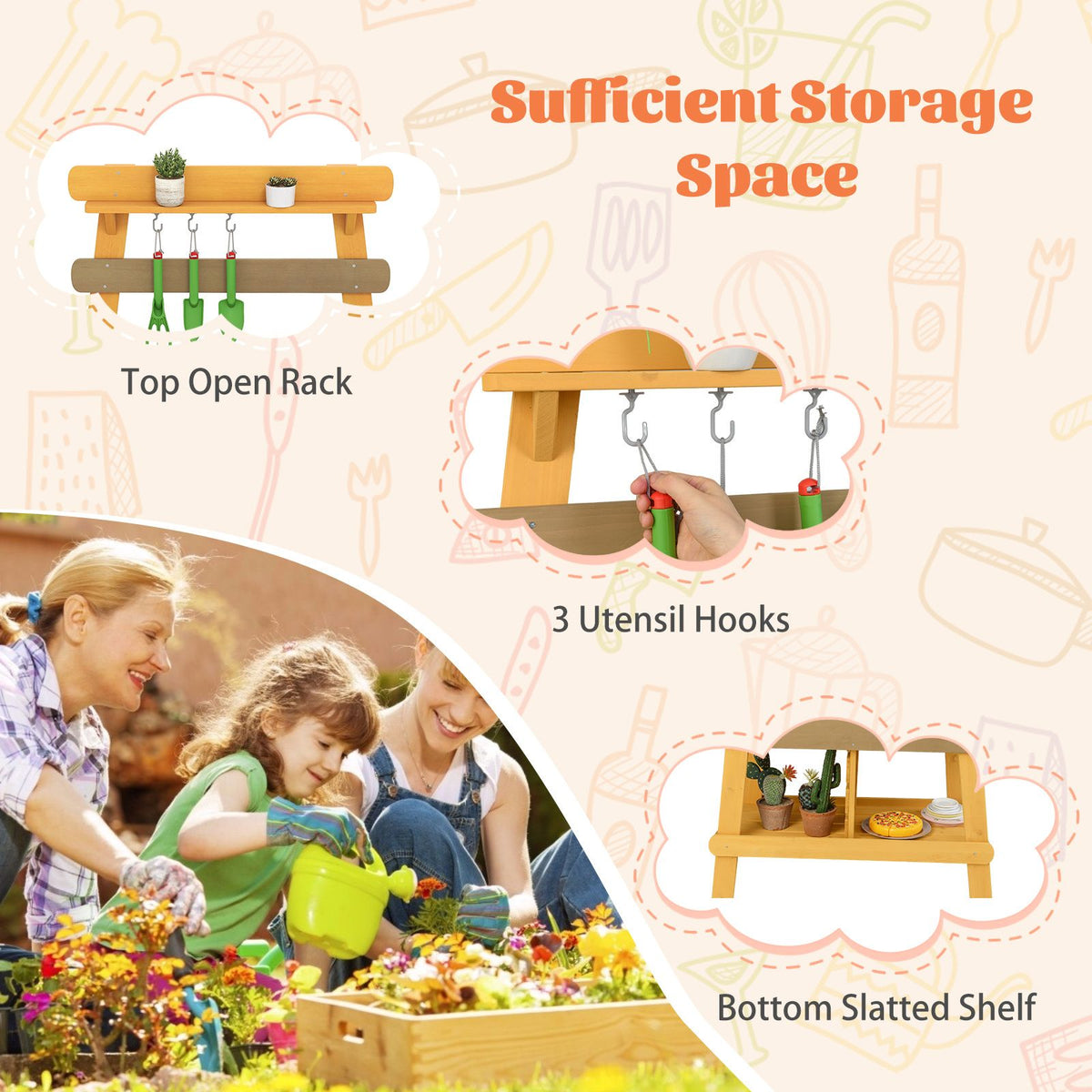 Outdoor Mud Kitchen for Kids, Toddler Wood Pretend Play Kitchen with Gardening Accessories, Sink