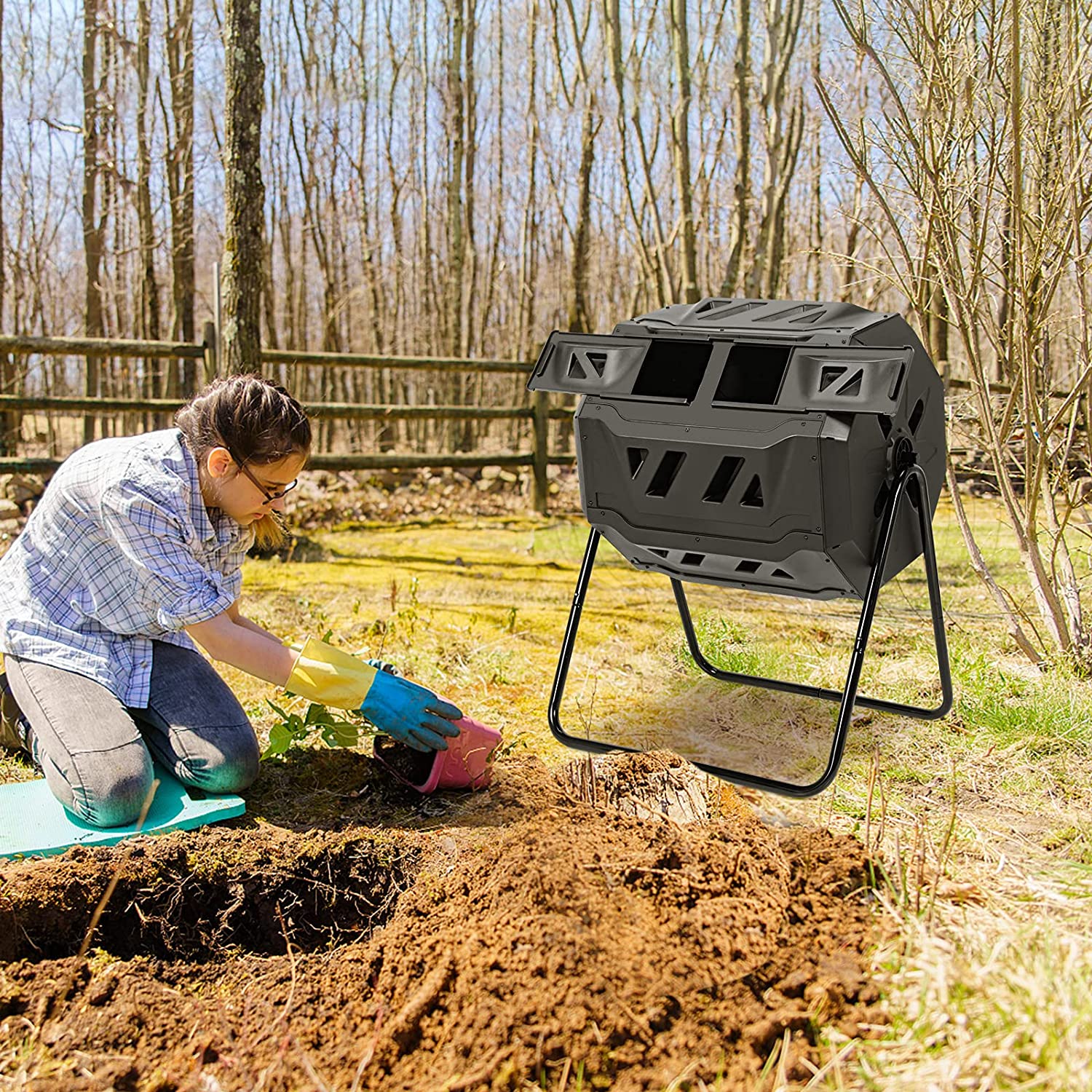Outdoor 43 Gallon Composting Tumbler Dual Chamber Rotating Compost Bin Barrel with Sliding Door and Aeration System