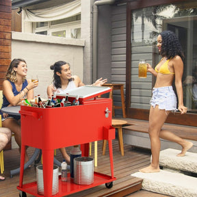 Outdoor 80 Quart Rolling Cooler Cart Patio Beverage Bar Trolley Ice Chest with Bottle Opener for Cookouts Party BBQ