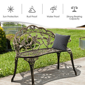Outdoor Aluminum Antique Bench Patio Loveseat Chair with Floral Rose Style and Foot Pads