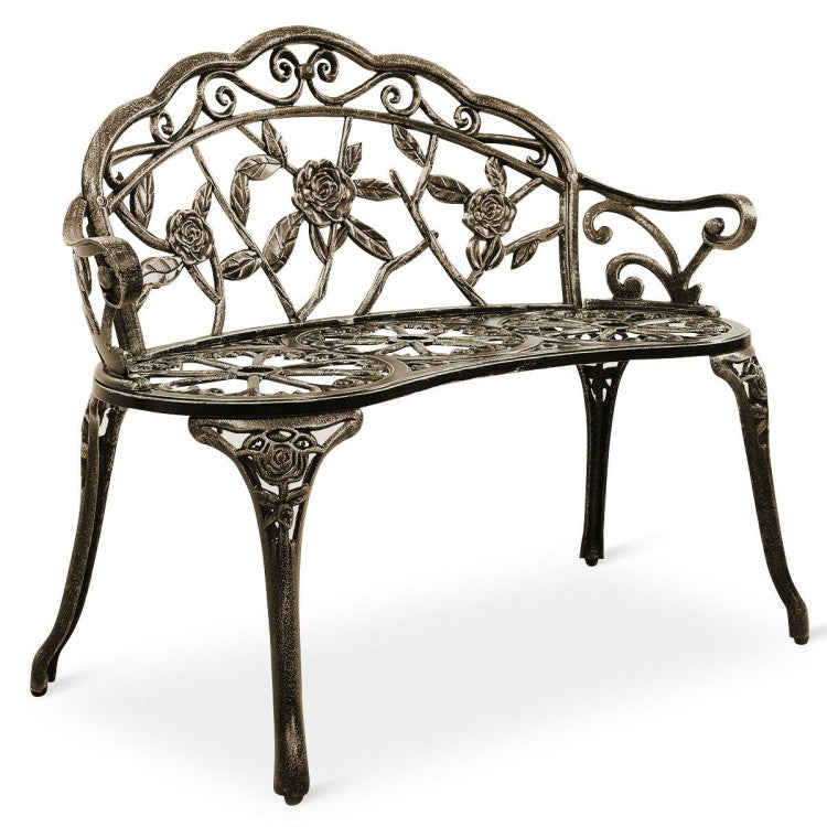 Outdoor Aluminum Antique Bench Patio Loveseat Chair with Floral Rose Style and Foot Pads