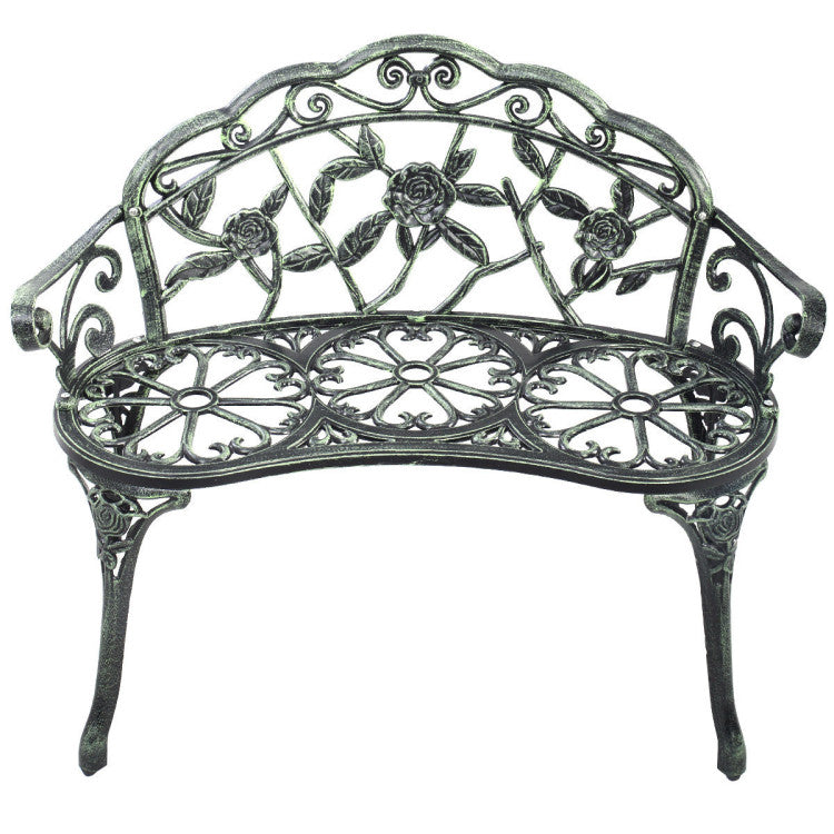 Outdoor Aluminum Antique Bench Patio Loveseat Chair with Floral Rose Style and Foot Pads