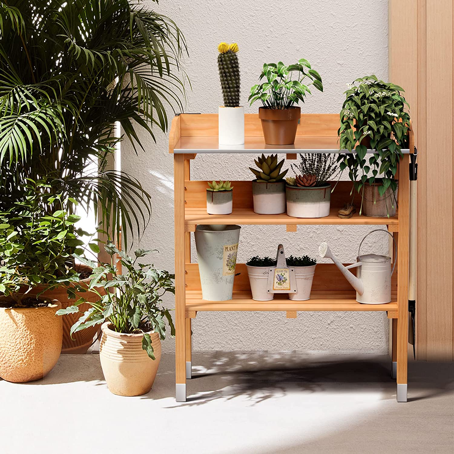 Outdoor Garden Potting Bench Wooden Work Station Table Tool Storage Shelf with Hook and Metal Tabletop