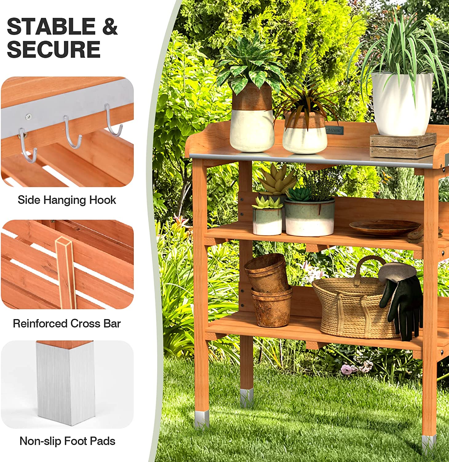 Outdoor Garden Potting Bench Wooden Work Station Table Tool Storage Shelf with Hook and Metal Tabletop